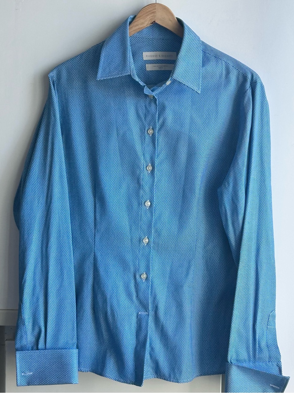 French Cuffed Mini-Polka Dot Blue & White Button Down Shirt, Women, Size 12